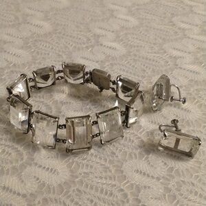 Vintage Japan Art Deco Emerald cut Rock Quartz Sterling Bracelet Earrings Set